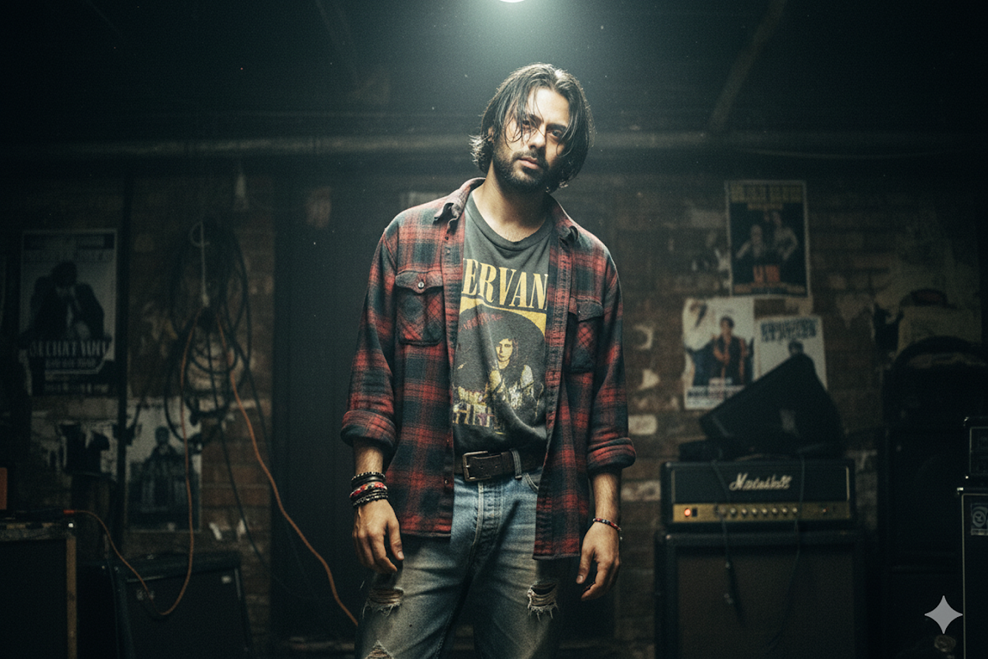 A portrait of a man with long, messy dark hair wearing a red and black plaid flannel over a grey Nirvana graphic tee. The setting is a dimly lit room with exposed wires and posters, capturing a 1990s grunge aesthetic.