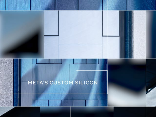 Abstract collage of silicon chips overlaid with text that reads "Meta's Custom Silicon"