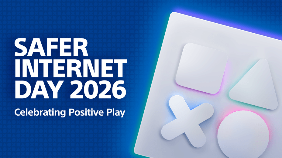 青の背景に「Safer Internet Day 2026 Celebrating Positive Play」の文字とPlaystationのボタンマークが立体的に描かれたネットの安全を啓発する画像
